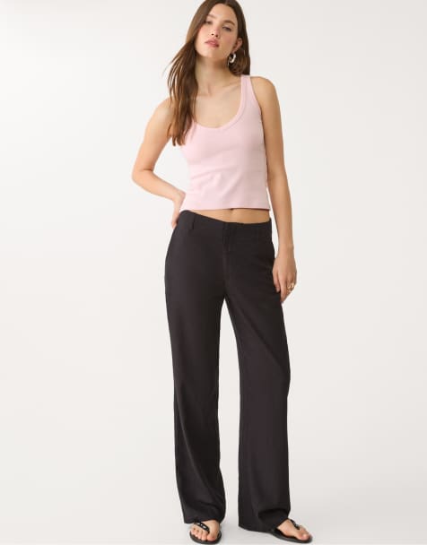 Stradivarius Flowing linen blend straight-leg trousers in black - view 1