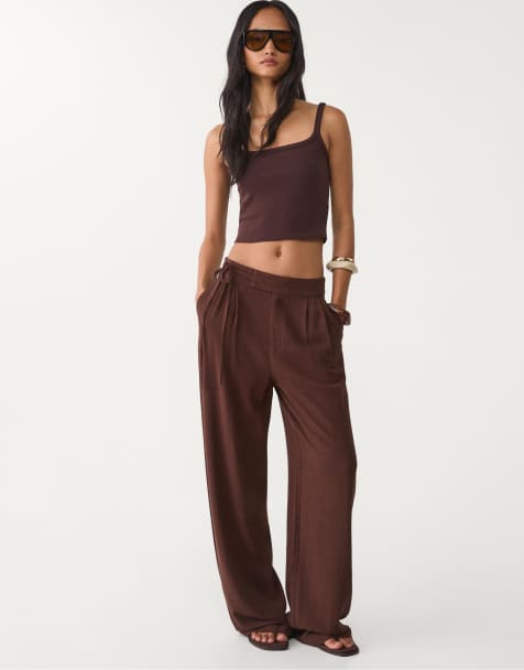 Stradivarius Flowing linen blend trousers with tie in brown - view 1