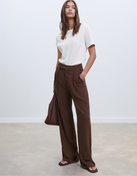 Stradivarius Flowing linen blend trousers with tie in brown