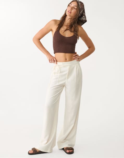 Stradivarius Flowing linen blend trousers with tie in ecru