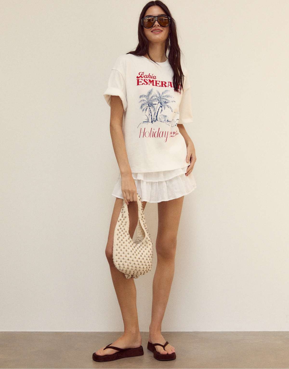 Stradivarius Flowing skort with ruffles in white