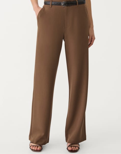 Stradivarius Flowing straight-leg smart trousers with belt in brown
