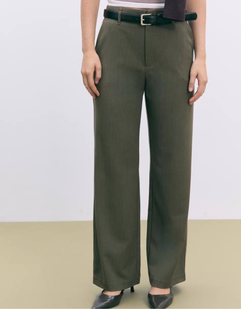 Stradivarius Flowing straight-leg smart trousers with belt in green
