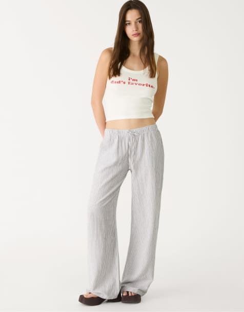 Stradivarius Flowing striped linen blend trousers in brown