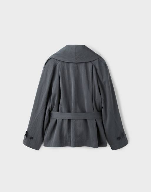 Stradivarius Flowing trench coat with shawl neck and belt in dark grey, 7 of 7