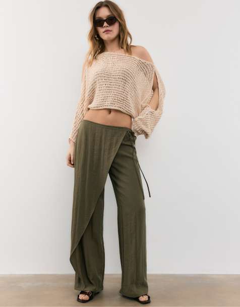 Stradivarius Flowing wrap trousers in khaki