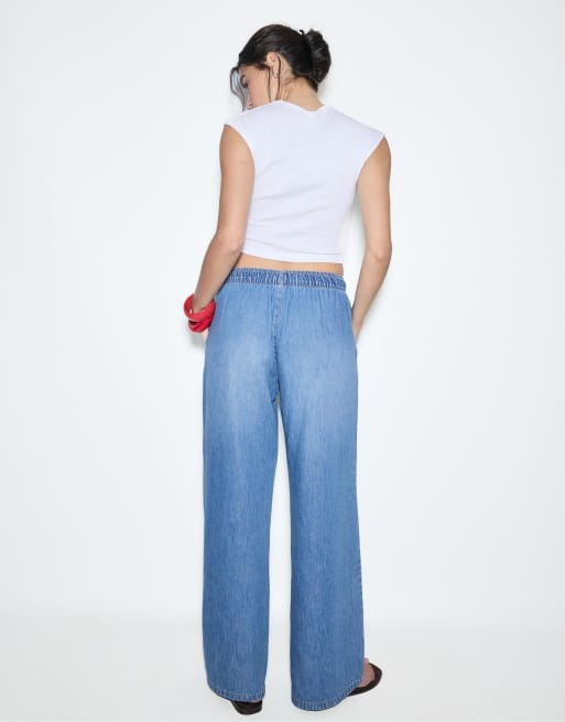 Stradivarius Flowy denim trousers with drawstring in medium blue denim, 2 of 4