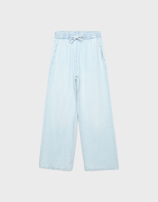 Stradivarius Flowy denim trousers with drawstring in medium light blue denim, 6 of 7