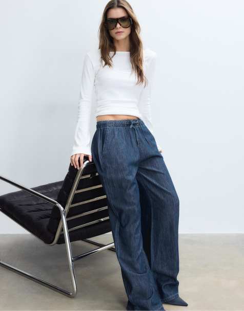 Stradivarius Flowy denim trousers with drawstring in rinse blue denim - view 1