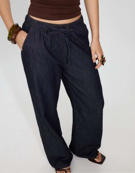 Stradivarius Flowy long denim trousers in rinse blue denim - view 1