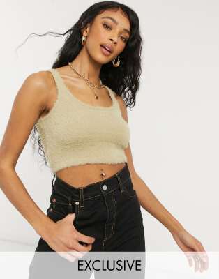 Stradivarius fluffy crop top co-ord in ecru-White