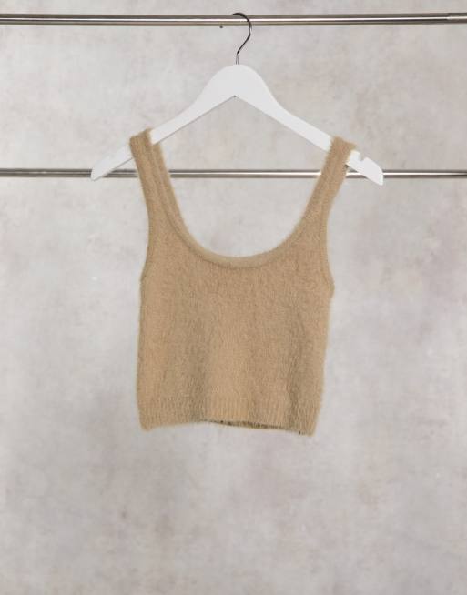 Stradivarius fluffy knit coordinating crop top in brown