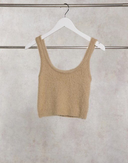 Stradivarius fluffy knit crop top co-ord in brown