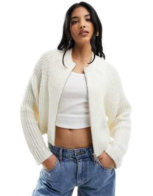 Stradivarius fluffy rib cardigan in ecru