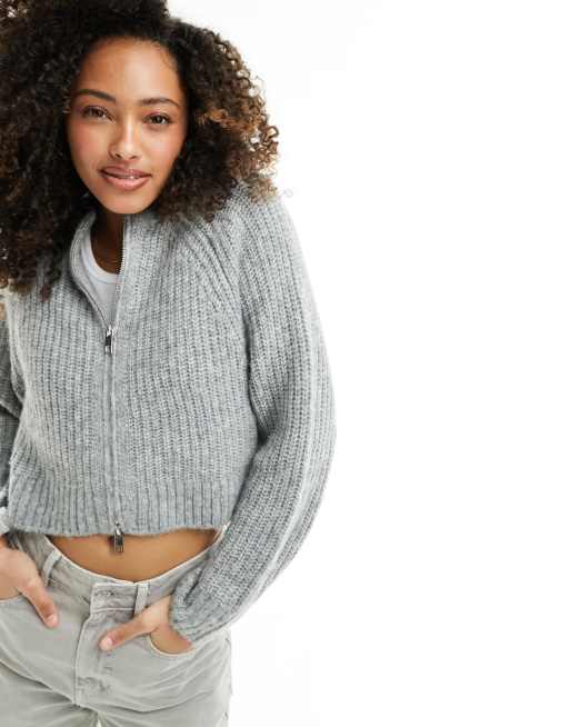 Stradivarius fluffy rib cardigan in gray 