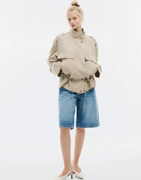 Stradivarius Fluid cropped jacket with front pockets in stone - view 1