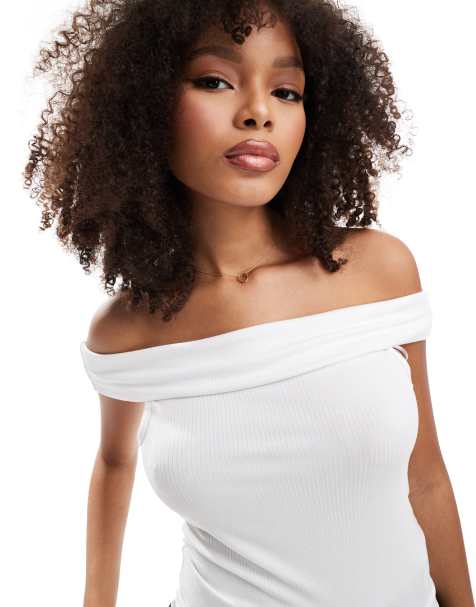 Stradivarius fold over seamless bardot top in white - view 1