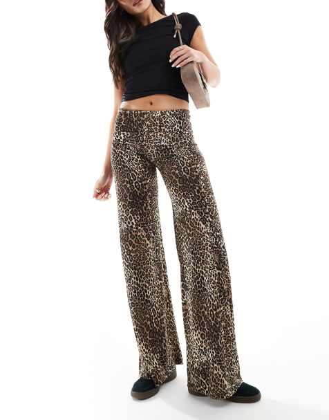 Stradivarius fold over waist wide leg trouser in leopard print