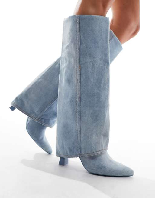 Blue suede knee length hot sale boots