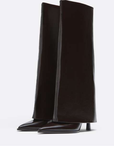 Stradivarius Foldover knee boots in brown - view 1