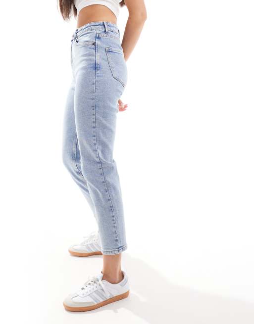 Stradivarius - Forvaskede blå mom-jeans i slim fit i bomuld med stræk - LBLUE, 3 af 5