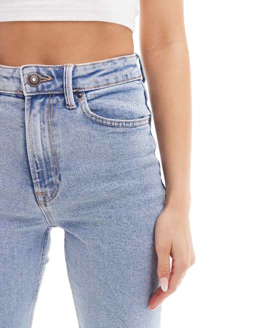 Stradivarius - Forvaskede blå mom-jeans i slim fit i bomuld med stræk - LBLUE, 5 af 5