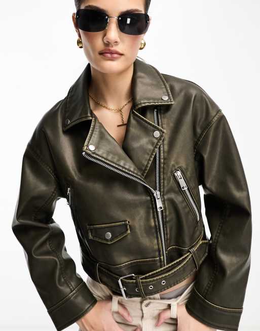 Stradivarius - Forvasket brun bikerjakke i imiteret læder , 2 af 4