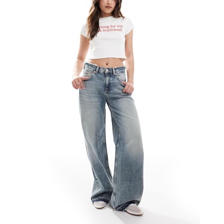 Stradivarius frayed waist wide leg jeans in light blue | ASOS