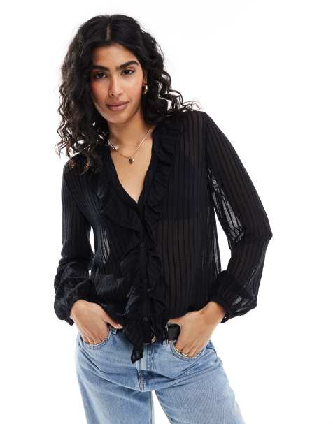 Stradivarius frill detail blouse in black - view 1