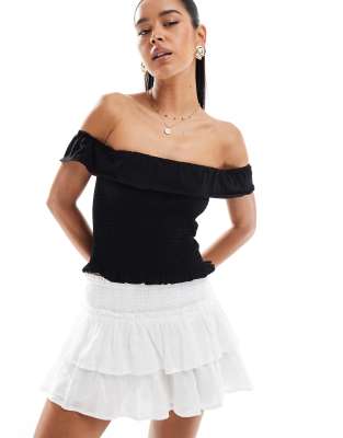 stradivarius frill square neck top in black