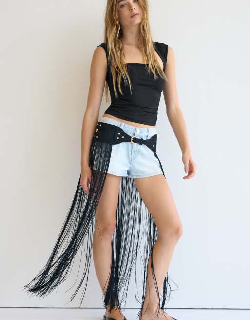 Stradivarius Fringe belt in black, 3 of 4