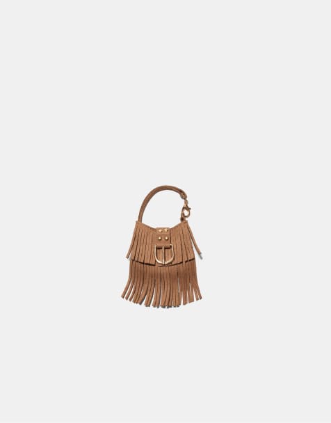 Stradivarius Fringed bag charm keyring in beige - view 1