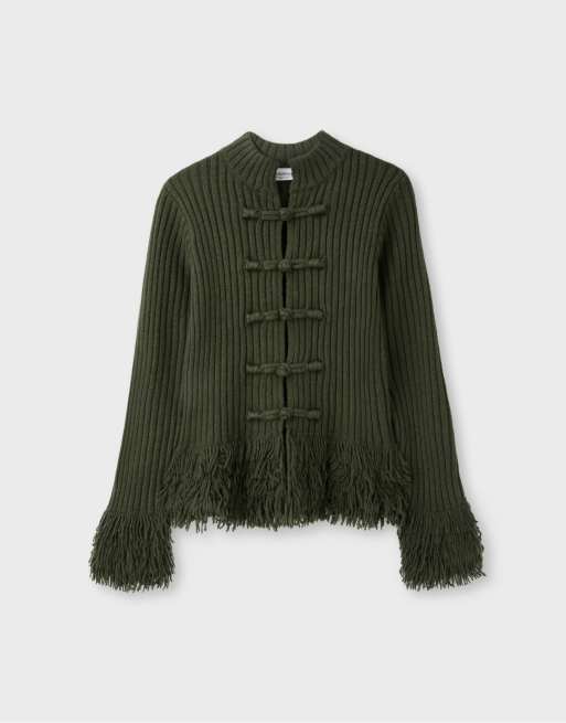 Stradivarius Fringed knit cardigan in khaki, 6 of 7