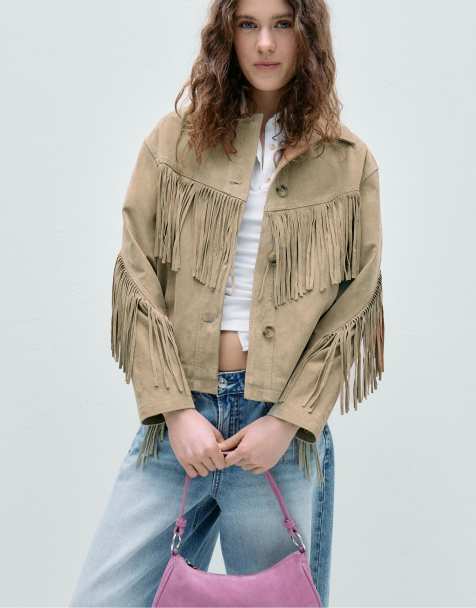 Stradivarius Fringed leather jacket in stone - view 1