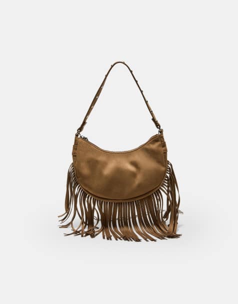 Stradivarius Fringed moon shoulder bag in caramel - view 1