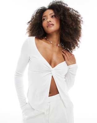 Stradivarius Front Knot Jersey Long Sleeve Top In White