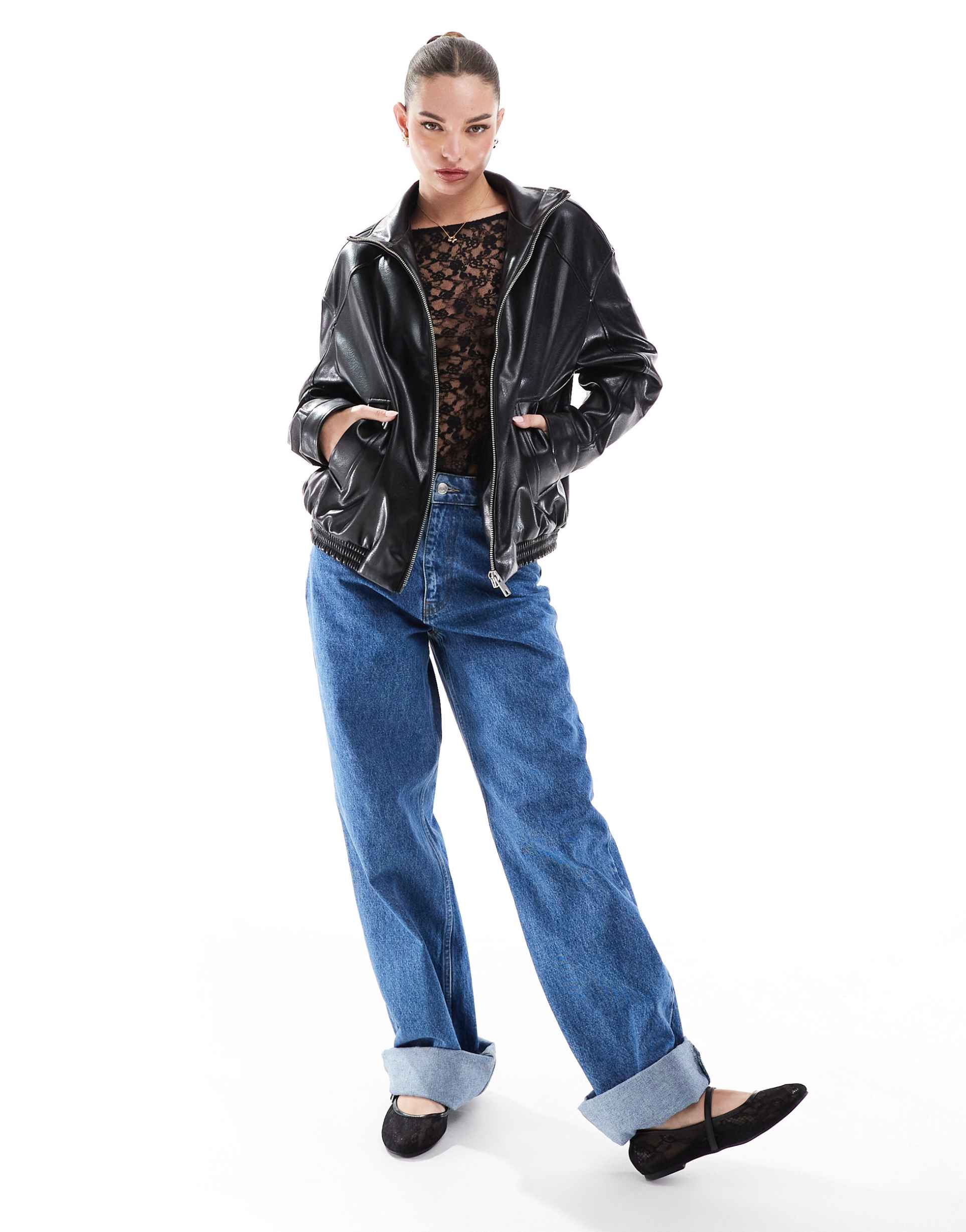 stradivarius funnel neck pu jacket in black