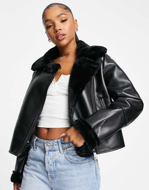 Stradivarius fur trim faux leather biker jacket in black | ASOS