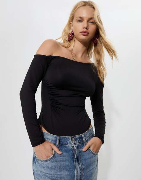 Stradivarius Gathered bodysuit with long sleeves in black - view 1