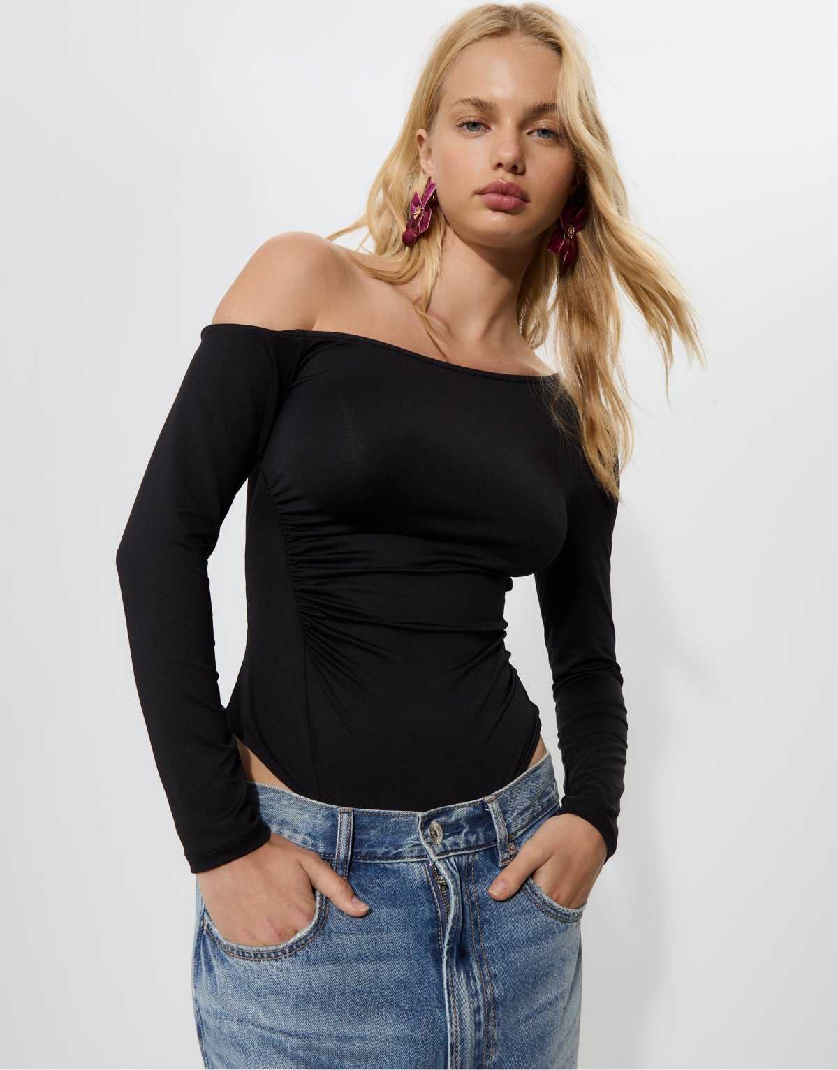 Stradivarius Gathered bodysuit with long sleeves in black