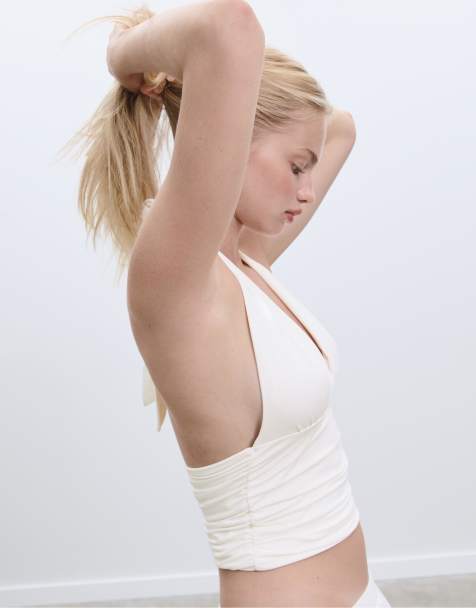 Stradivarius Gathered halter top in ecru - view 1