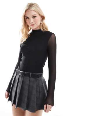 Stradivarius Gathered Mesh Sleeve Bodysuit In Black