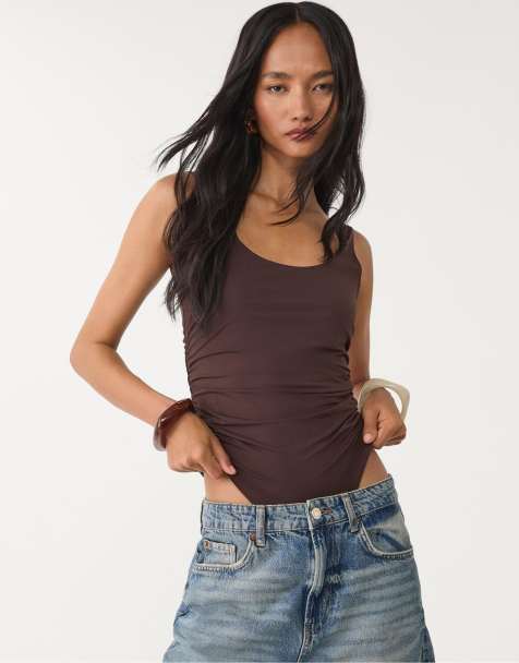Stradivarius Gathered polyamide bodysuit in brown - view 1
