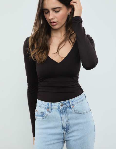 Stradivarius Gathered polyamide bodysuit with v-neckline in brown