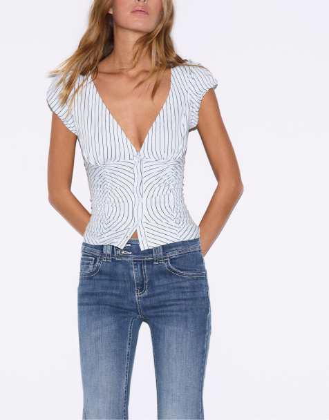 Stradivarius Gathered short sleeve shirt in sky blue - view 1