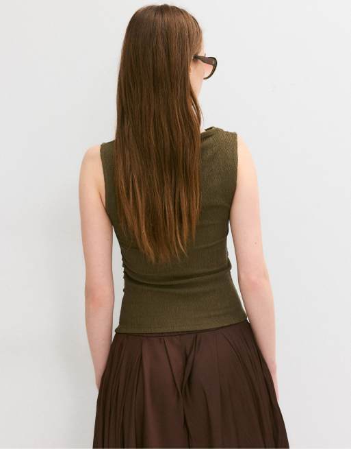 Stradivarius Gathered texture t-shirt in khaki, 4 of 4