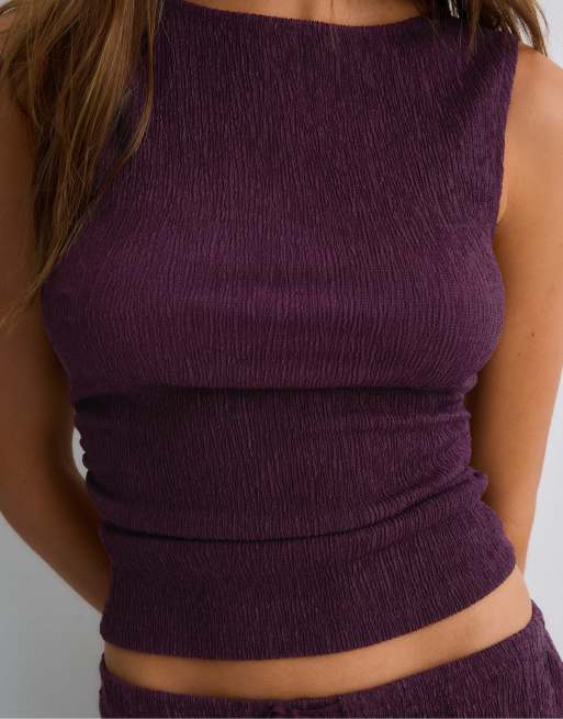 Stradivarius Gathered texture t-shirt in purple, 3 of 4