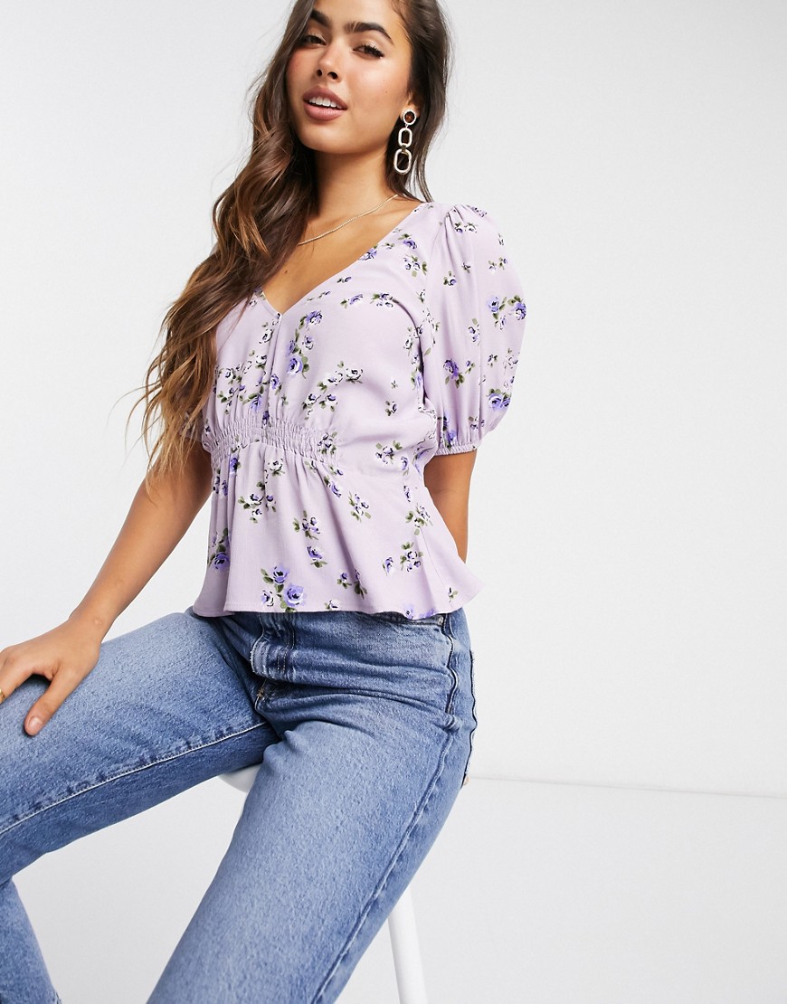 Stradivarius Gathered Top With Puff Sleeves In Lilac Floral-purple