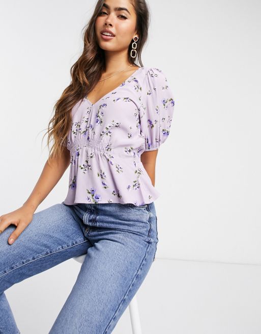 Stradivarius gathered top with puff sleeves in lilac floral | ASOS