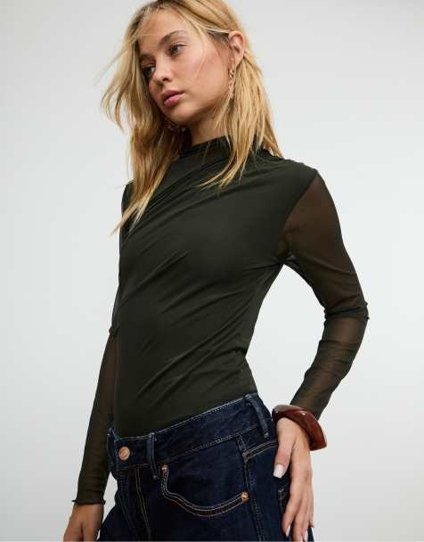 Stradivarius Gathered tulle bodysuit in green - view 1